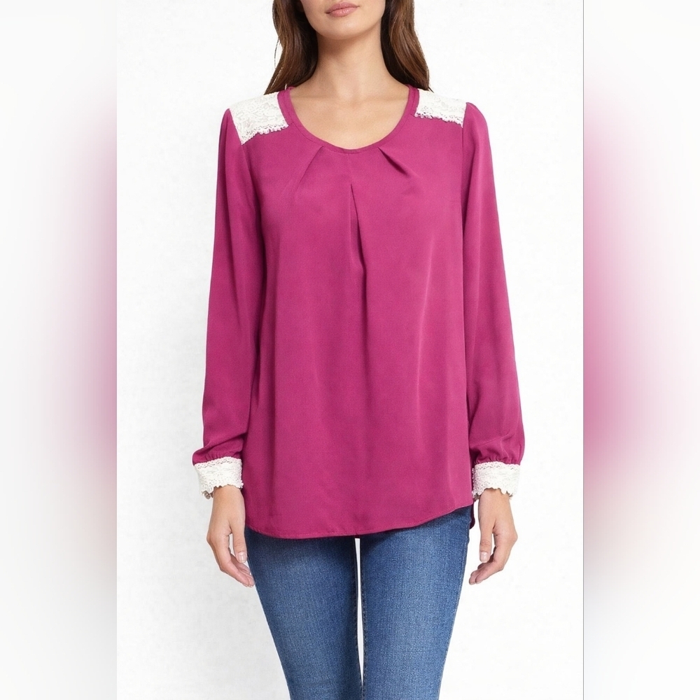 Chloe K Women's Blouse High Low Long Sleeve Rasberry Color White Embroidery XS